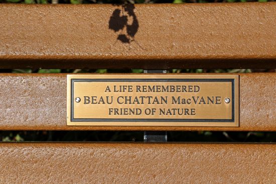 Close up of memorial bench plague