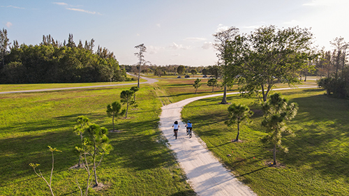 two people on bikes on a trail in the park