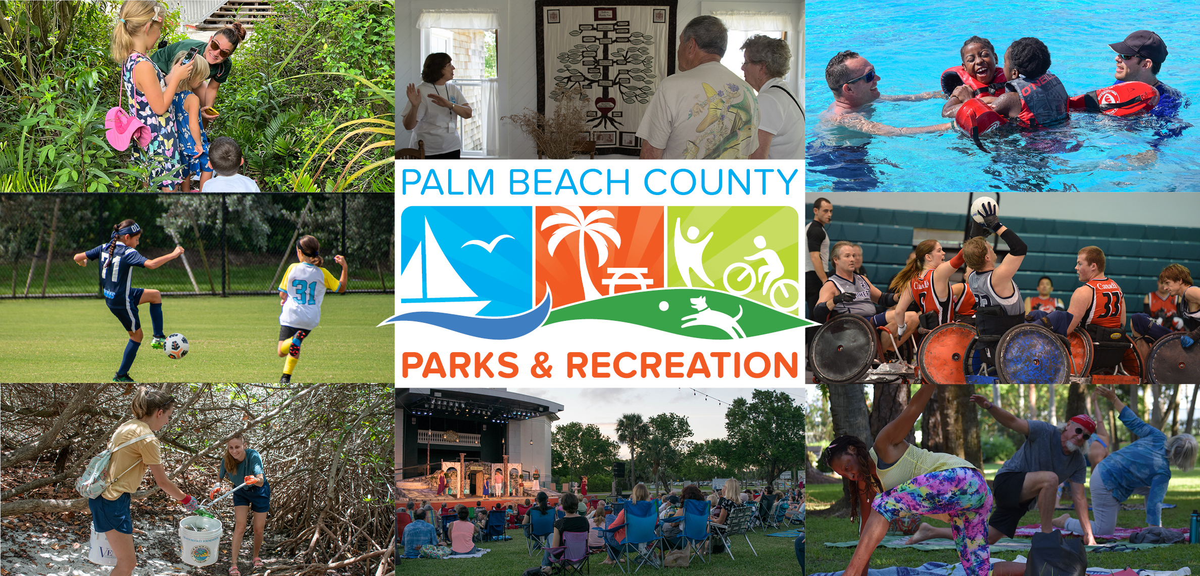 palm beach county parks and recreation logo and collage of photos of people participating in various activities