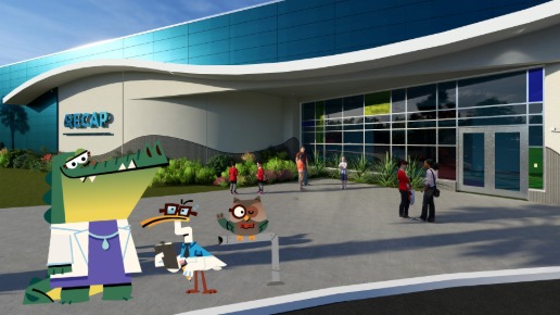 rendering showing a RECAP facade with a school bus in front of it